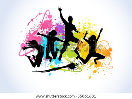 Jumping people set against spray paint elements.