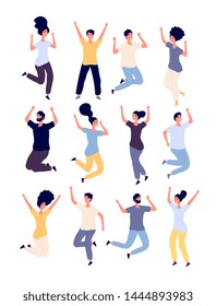 Jumping people set. happy smiling adults enjoy in jump celebrating event. healthy lifestyle Isolated vector cartoon characters. Young jump people, female and male smiling celebration illustration