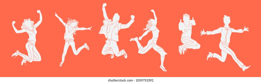 Jumping people silhouette on the orange background.various poses jumping people character. hand drawn style vector design illustrations.happiness, freedom, motion and people concept.Horizontal banner