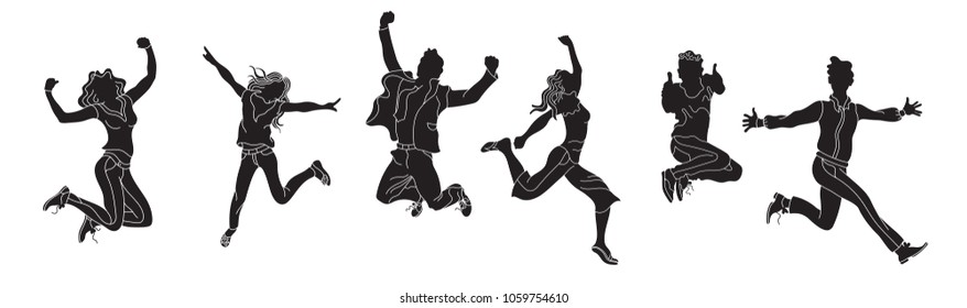 Jumping people silhouette on the white background.various poses jumping people character. hand drawn style vectordesign illustrations.happiness, freedom, motion and people concept.Horizontal banner.