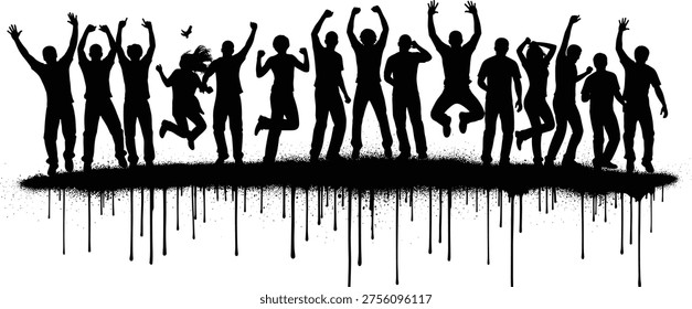 Jumping people silhouette with paint drip effect, urban crowd celebration, dancing youth group, street art style, energetic party scene, grunge design isolated on white background