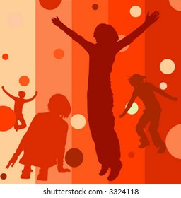 jumping people silhouettes on colorful retro background