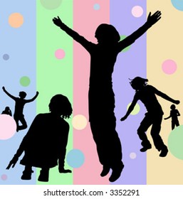 jumping people silhouettes on colorful retro background
