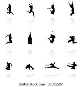 jumping people silhouettes with reflection, vector illustration