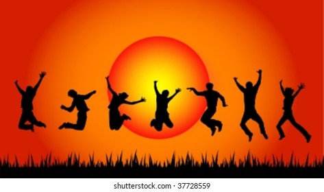 jumping people in sunset