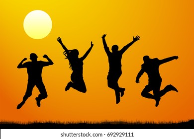 Jumping people at sunset, vector silhouette