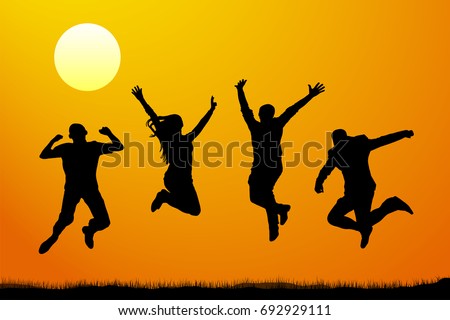 Jumping people at sunset, vector silhouette