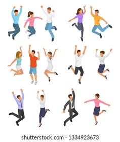 Jumping people vector happy woman or man character in activity of happiness and freedom illustration set of energy adults smiling men and women jump isolated on white background