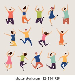 Jumping people. Young and adult laughing happy group characters vector flat illustrations