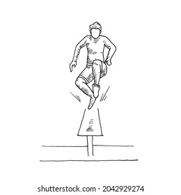 Jumping.	perfect pole jumper.	Retro vintage sketch vector illustration. Engraving style. black isolated on white background. vector draw graphic design illustration sketch.