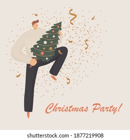 Jumping person with christmas tree. Merry Christmas and Happy New Year site with human characters. People are celebrating a New Year's party. Vector illustraton