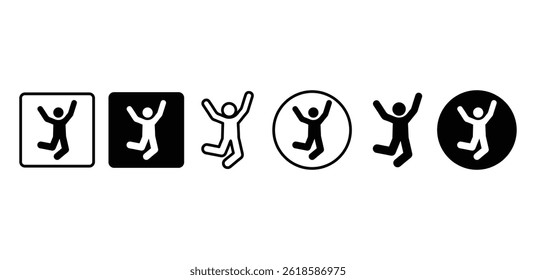 Jumping Person Icon Set Black and White Silhouettes in Square and Circle Frames Vector Design