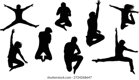 Siluetas de personas saltando en poses dinámicas, Ilustración vectorial negra, Formas de movimiento expresivo, Elementos de diseño de baile y movimiento atlético