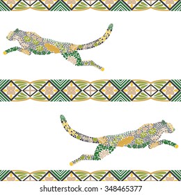 Jumping puma seamless pattern made from flowers, leaves in the scandinavian style. Animal print, repeating tribal pattern. Vector illustration