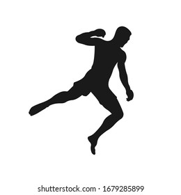 Jumping punch silhouette. Male MMA fighter pose. Martial arts professional athlete. Combat sport exercise training. Fitness gym workout icon symbol or sign - Simple vector black and white illustration