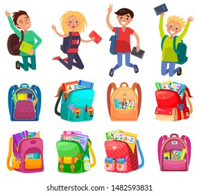 Jumping pupils with backpack, school bag with pen and pencil, paints and tassel, notebook sign. Smiling girl and boy, education element, classmates vector. Back to school concept. Flat cartoon
