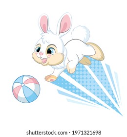Jumping rabbit with ball. Cartoon character. Vector isolated colorful illustration. For print and design, posters, nursery design, cards, stickers, room decor, party, t-shirt, kids apparel, invitation