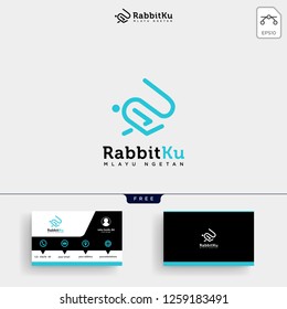 jumping rabbit or bunny logo template vector illustration and business card design