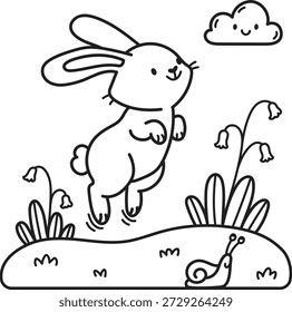 Jumping rabbit coloring book illustration. Cute bunny outline illustration.