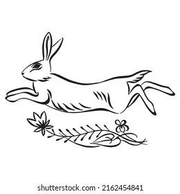 Salto de liebre con adorno de flores. Ilustración vectorial de conejo blanco y negro. dibujo lineal. imagen de caligrafía.