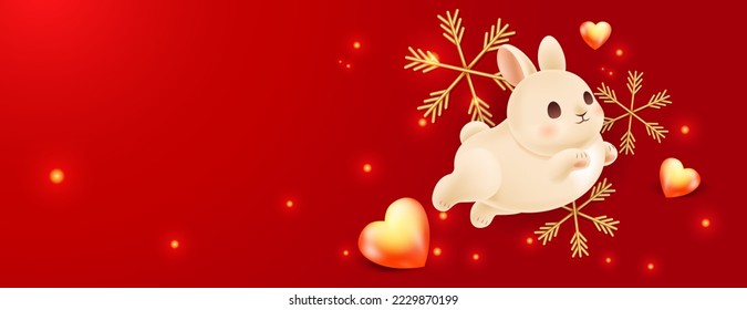Jumping rabbit with golden snowflakes and red hearts. Glowing web banner template for 2023 new year of hare