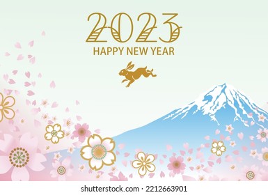 Jumping rabbit icon with Mt. Fuji and confetti of sakura flowers - 2023 Japanese New year card design template