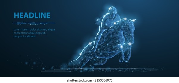 Jumping Race Horse With Rider On Blue. Low Pole. Horse Riding, Equestrian Sport, Good Luck, Digital Technology, Fortune Symbol. Sport Background, Bet Win, Dream, Derby Win, Melbourne Cup Concept.