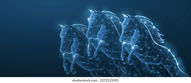 Jumping race horses. Low pole. Horse riding, equestrian sport, good luck, digital technology, fortune symbol. Sport background, bet win, dream horses, derby win, competition concept.