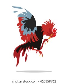 Jumping red cock. Vector flat cartoon illustration