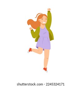 Jumping Redhead Girl Feeling Happiness and Excitement Having Fun Vector Illustration