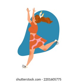 Jumping Redhead Woman Character with Raised Hands Feeling Joy and Excitement Vector Illustration