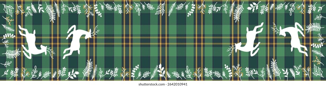 Jumping Reindeer holiday card with plants, Reindeer On Plaid Seamless Christmas green check  Background Pattern. 