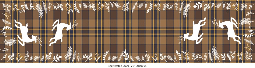 Jumping Reindeer holiday card with plants, Reindeer On Plaid Seamless Christmas brown check  Background Pattern. 