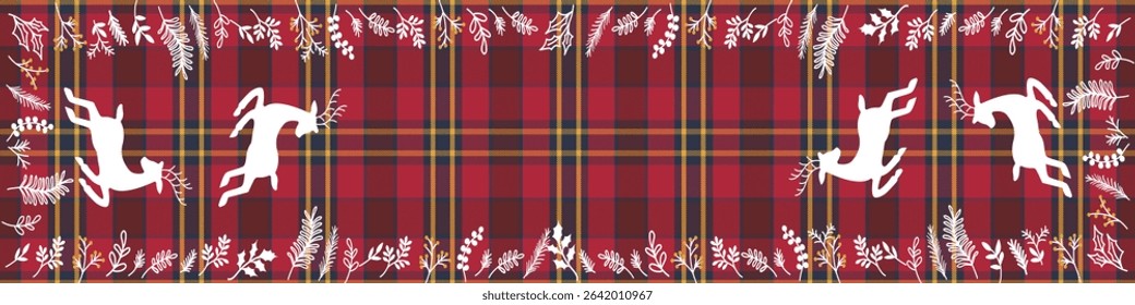 Jumping Reindeer holiday card with plants, Reindeer On Plaid Seamless Christmas red check  Background Pattern. 
