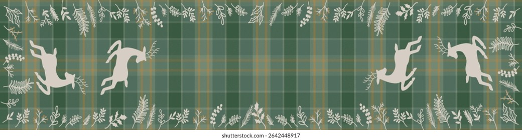Jumping Reindeer holiday card with plants, Reindeer On Plaid Seamless Christmas Sage green check  Background Pattern. 