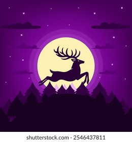 Jumping Reindeer Silhouette with Purple Night. Themed Christmas and New Year Greeting