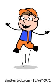 Jumping - Retro Cartoon Carpenter Worker Vector Illustration﻿