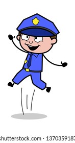 Jumping - Retro Cop Policeman Vector Illustration