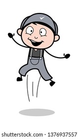 Jumping - Retro Repairman Cartoon Worker Vector Illustration