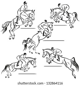Jumping riders. Brush-drawing based images of riders performing show jumping