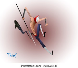 A jumping robber with a spear. Adventurism. Eighth image from set of ten illustration. Vector. Inscriptions on clothes - it's just decor without meaning
