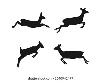 Jumping Roe Deer silhouette set. Jumping deer silhouette on a black background, vector art illustration. Roe Deer silhouette vector. Animal silhouette.