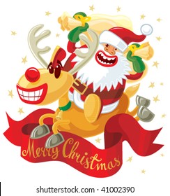 Jumping Rudolph and Santa. Vector without gradients, great for printing.