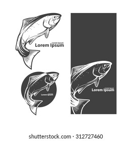 jumping salmon fish, for label, design elements ant templates, retro style