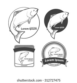 jumping salmon fish, for label, design elements ant templates, retro style