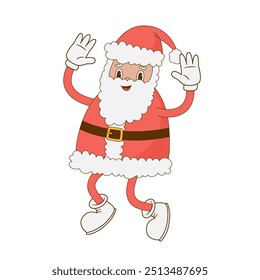 Jumping Santa Claus character vector illustration. Retro cartoon mascot. Christmas, Happy New year greeting card