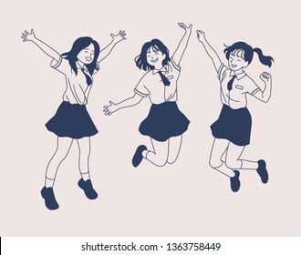 Jumping schoolgirl characters. hand drawn style vector design illustrations. 