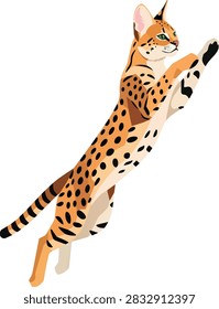 Jumping Serval Cat Vector Illustration Isolated on White Background