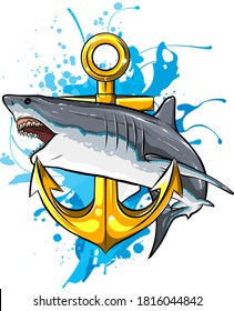 jumping shark illustration with anchor. vector art