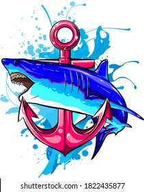 jumping shark illustration with anchor. vector art